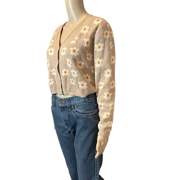 Papaya Women’s Cardigan  V Neck Buttons Crop Sweater Beige Medium Size Flowers - Picture 2 of 11
